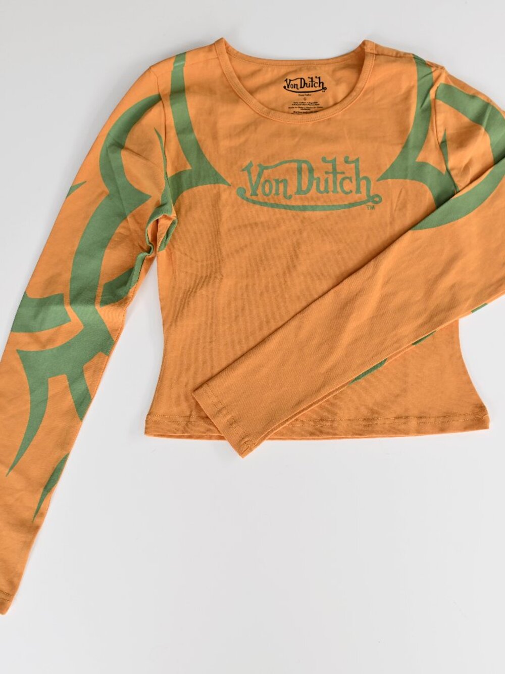 NWOT- Von Dutch Long Sleeve Cropped Yellow and Green Shirt-Small